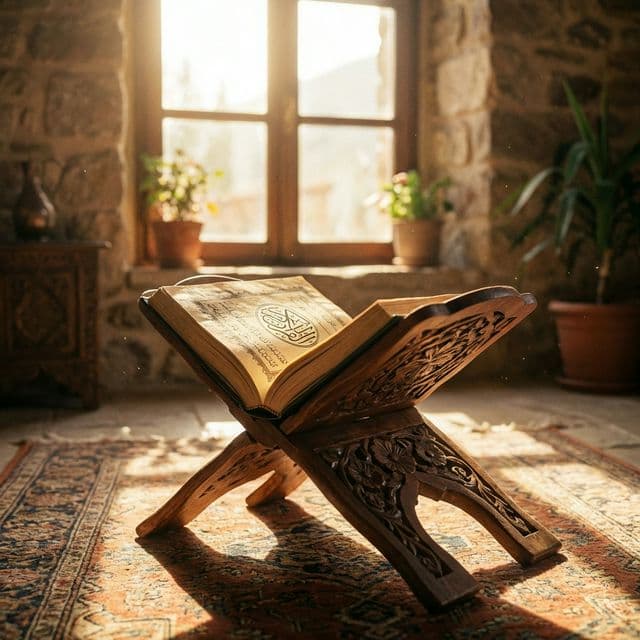 Beautiful open Quran on a wooden rehal