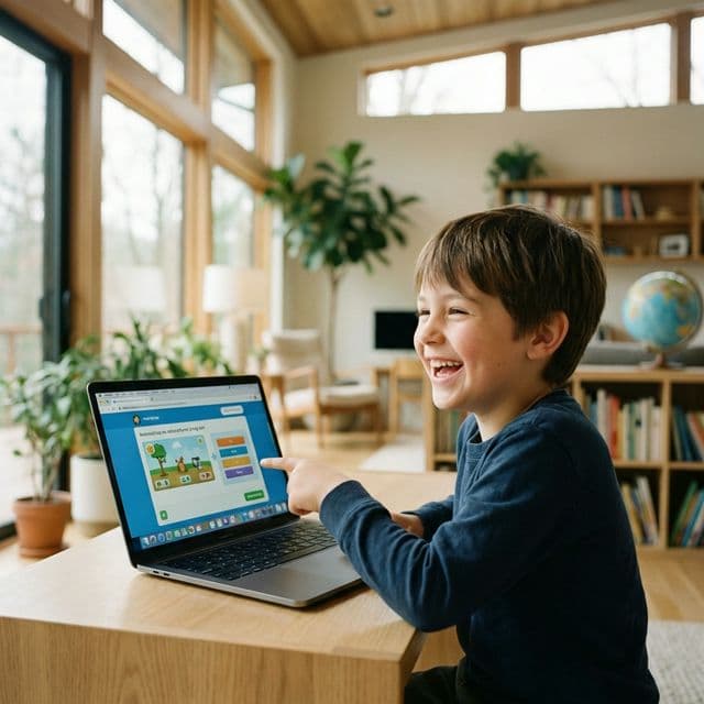 Student smiling and learning on a laptop
